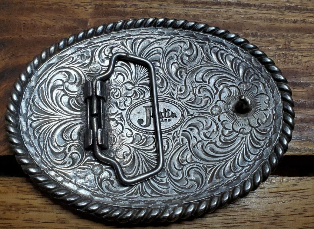 Justin Boots Brand – Silver Belt Buckle Fillagree Engraved Scroll Work Oval