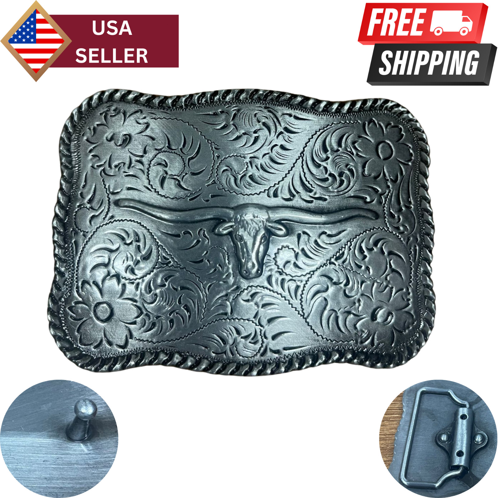 Longhorn Steer Trophy Sterling Silver Plated Western Belt Buckle