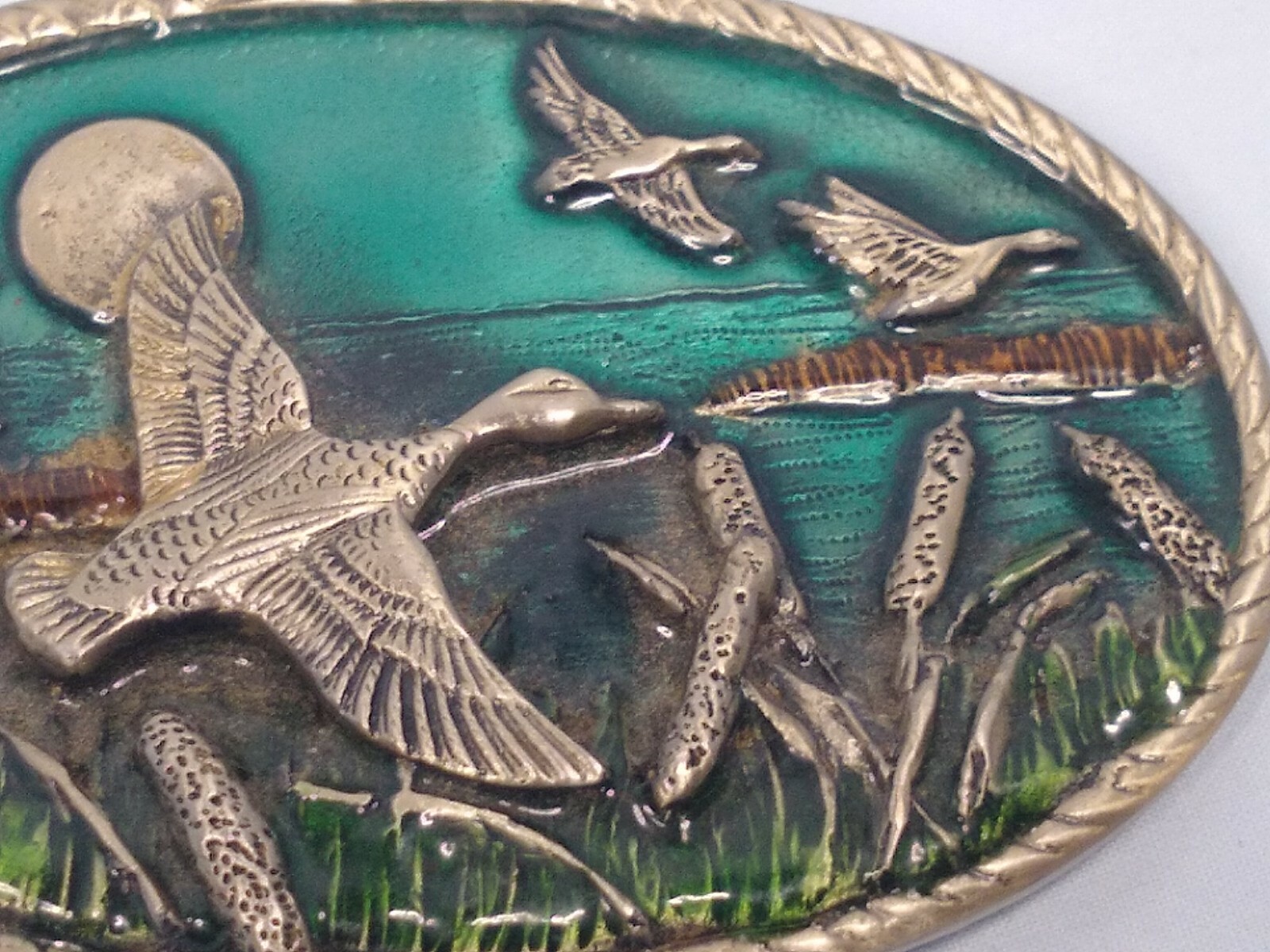 Flying Ducks Western Heavy Oval Painted Silver 3.5 X 2.5 inches Belt Buckle