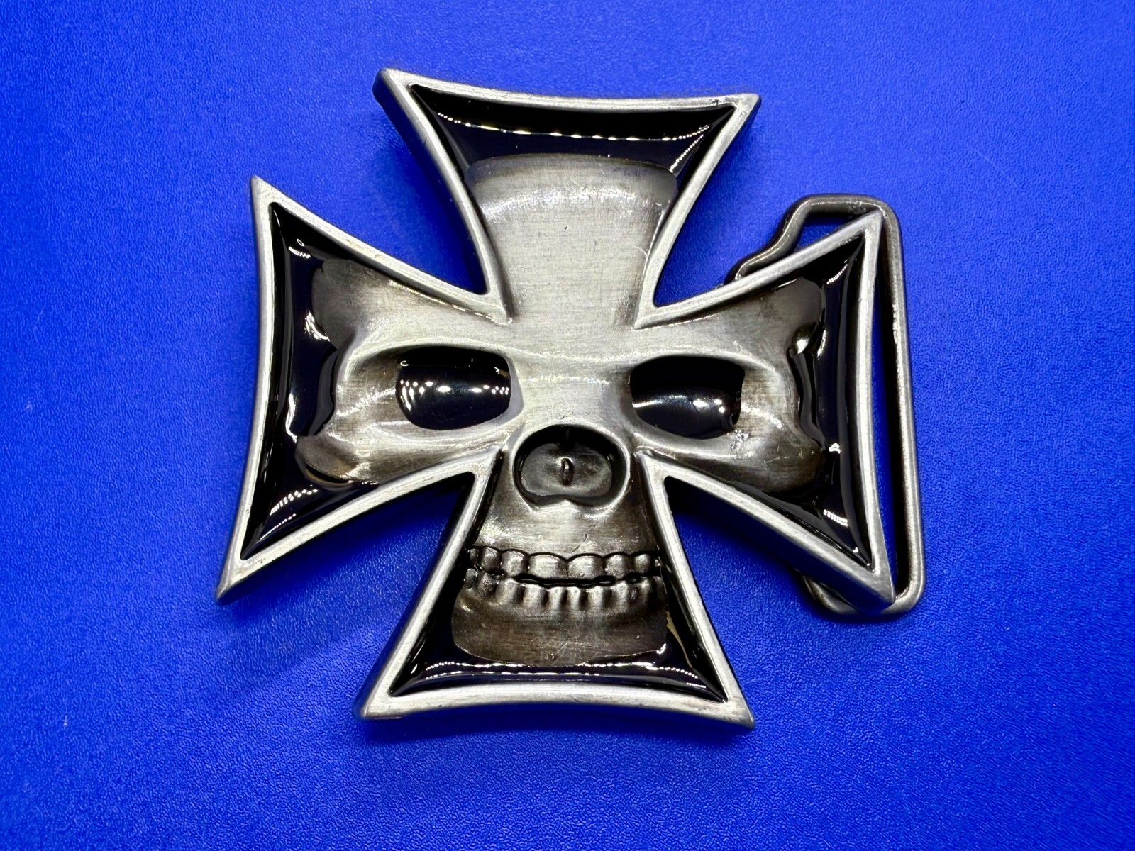Maltese Iron Cross with Skull Reflective Cutout Gothic Punk Vibe Belt Buckle