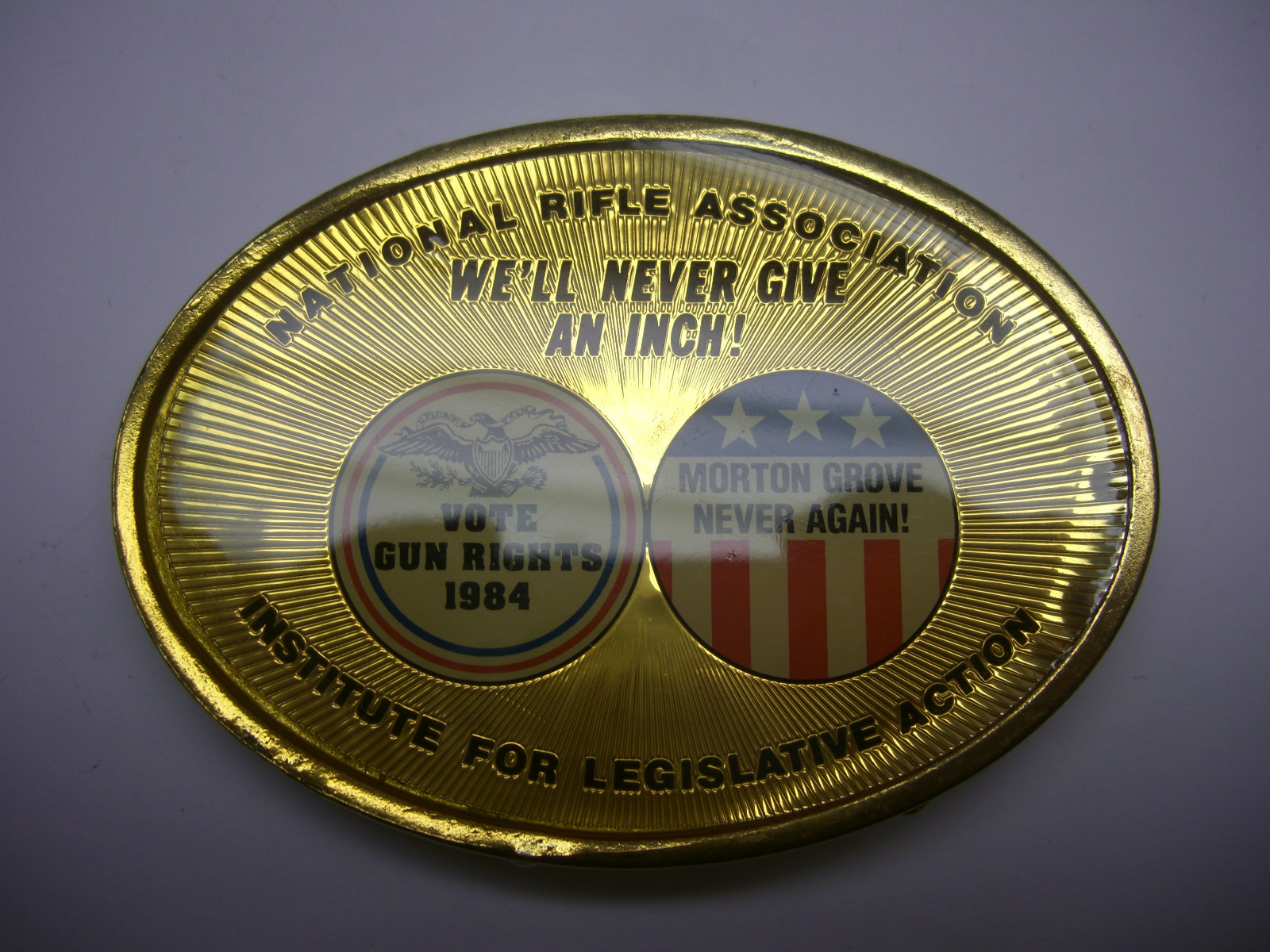 1984 NATIONAL RIFLE ASSOCIATION STARS & STRIPES NRA RED WHITE & BLUE BELT BUCKLE