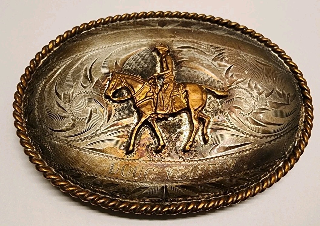 .925 Silver Front Vintage German Silver Western Belt Buckle Cowboy Roping