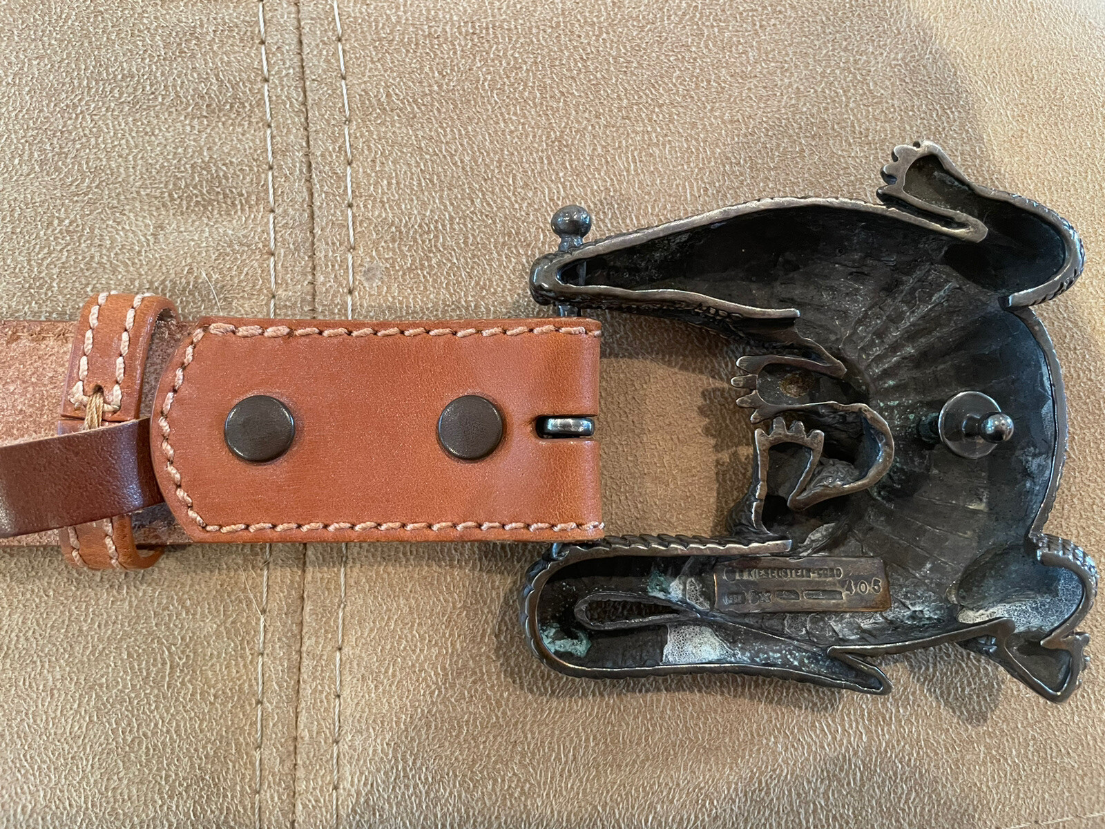 Huge Kieselstein- Cord Sterling Alligator Buckle With Brown Leather Belt Size 3