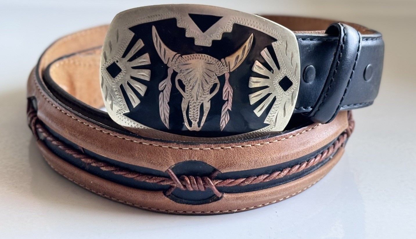 Southwestern Bull Buffalo Skull Cowboy Buckle Leather Justin Fenced Belt Sz 38