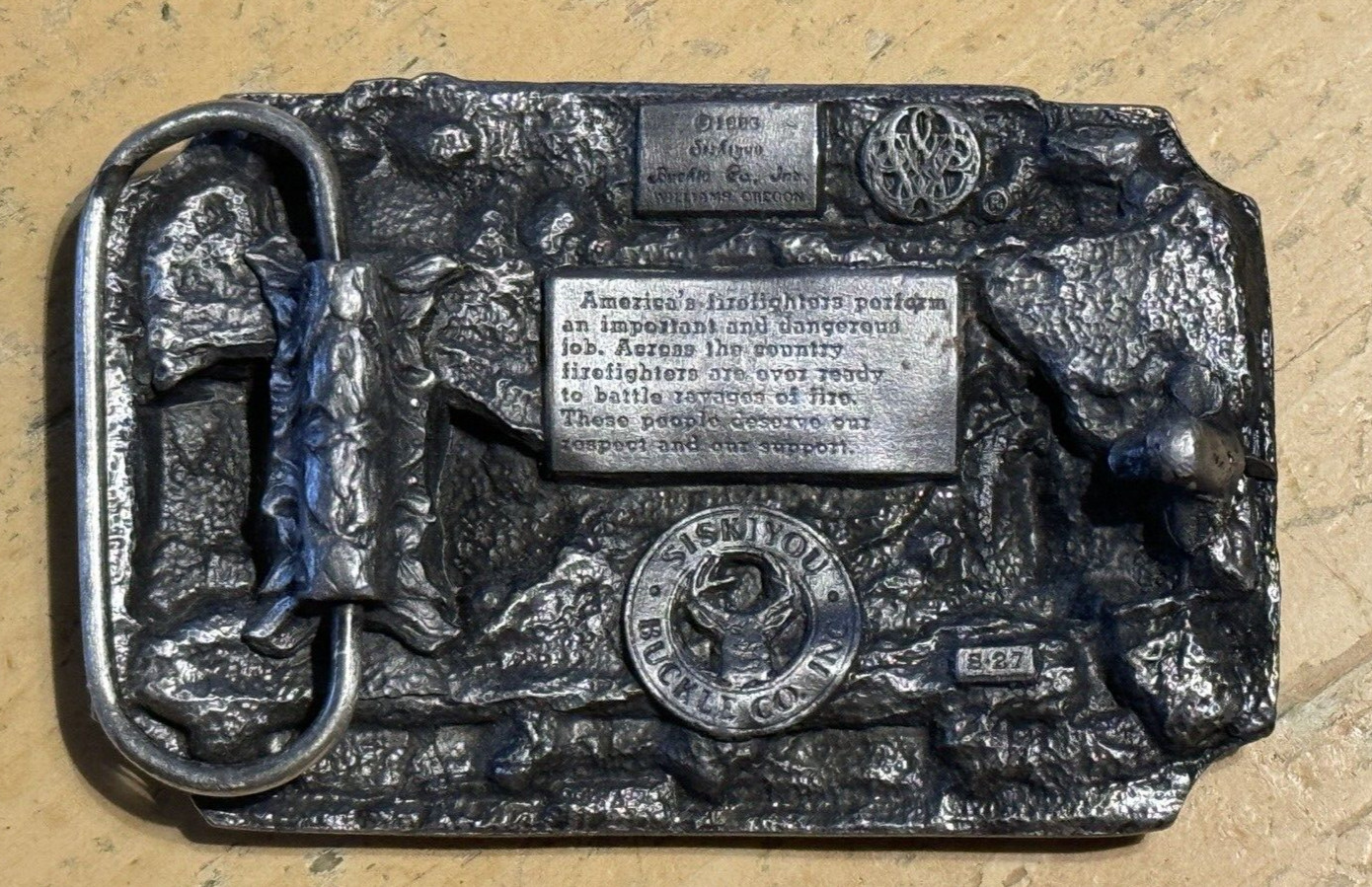 1983 AMERICA&rsquo;S FIREFIGHTERS BELT BUCKLE -EVER READY EVER WILLING Colorful Enamel