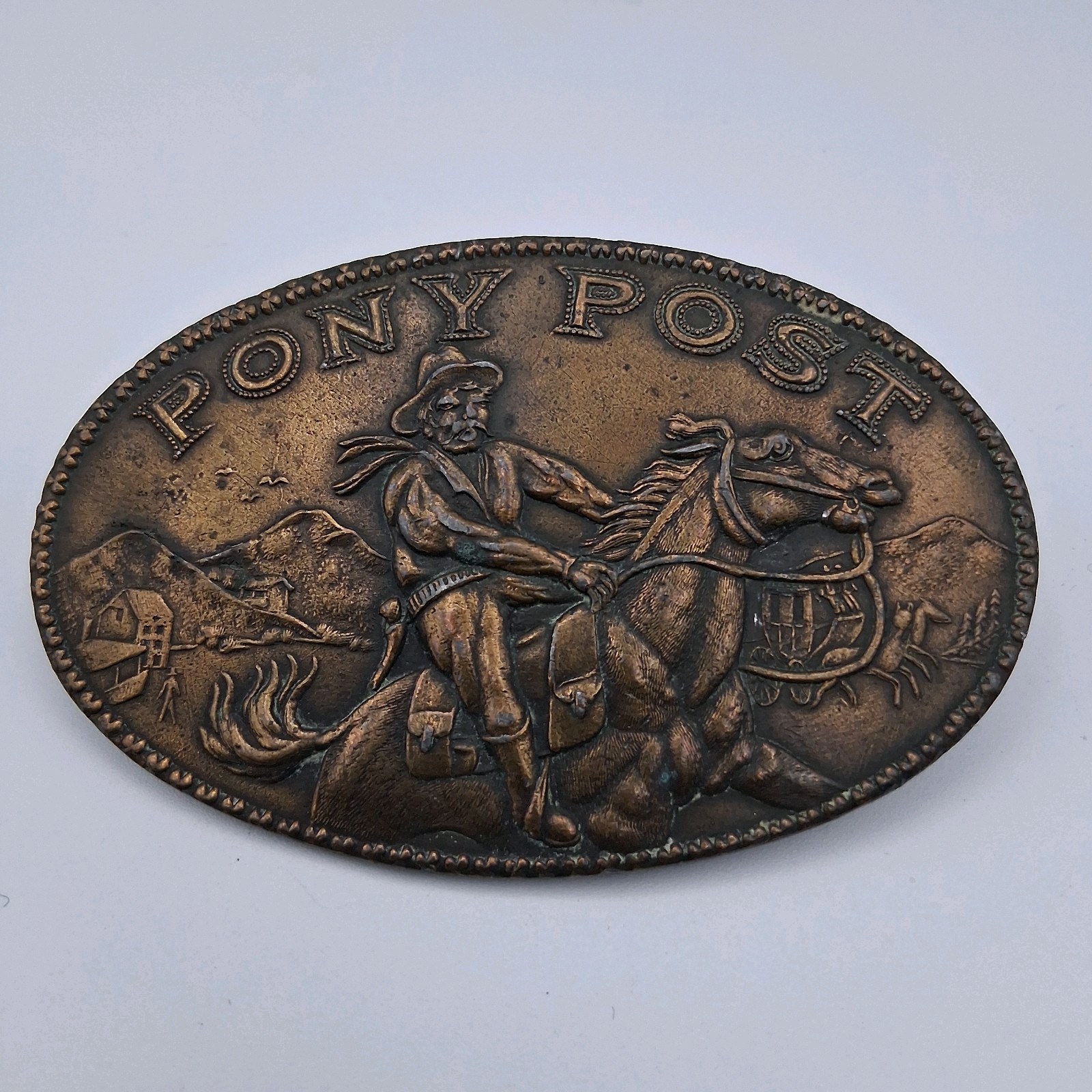 Vintage 70s Pony Post Express Brass Metal Belt Buckle Montauk Silver Company