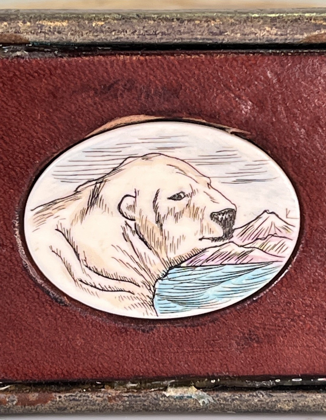 VTG Solid Brass Belt Buckle w/ Leather Native Made Polar Bear Scrimshaw Center