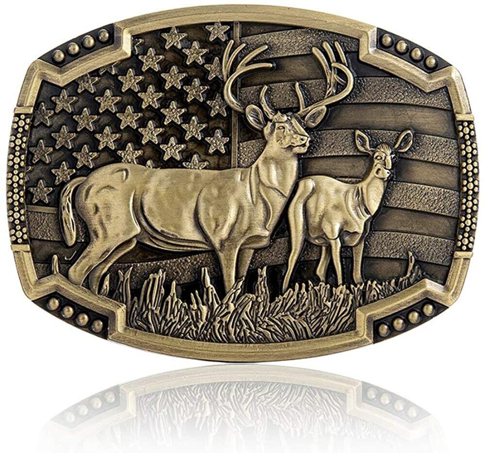 Men Antique BRONZE Metal Belt Buckle Deer Hunter Western USA Flag Background