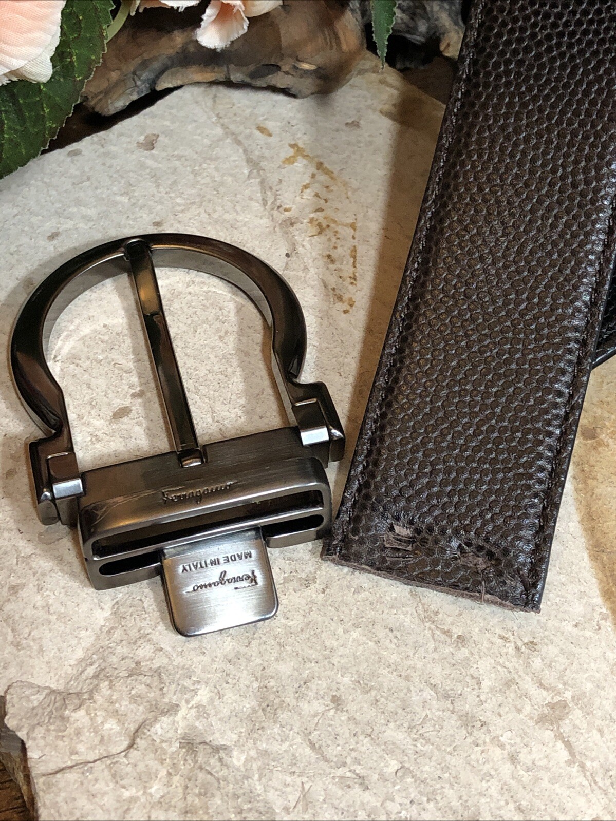 Salvatore Ferragamo Gun Metal tone Buckle black Brown leather removable belt