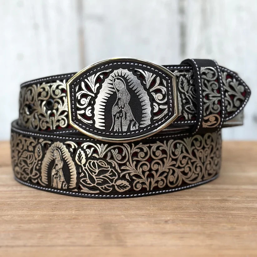 Genuine Laser Cut Leather Virgen Western Belt with Removable Buckle – Silver