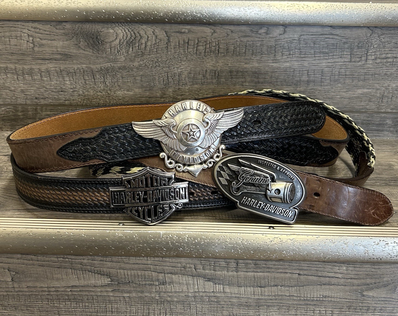Lot Of 3 Harley-Davidson Flying Piston Shield lone Star Wings Belt Buckles