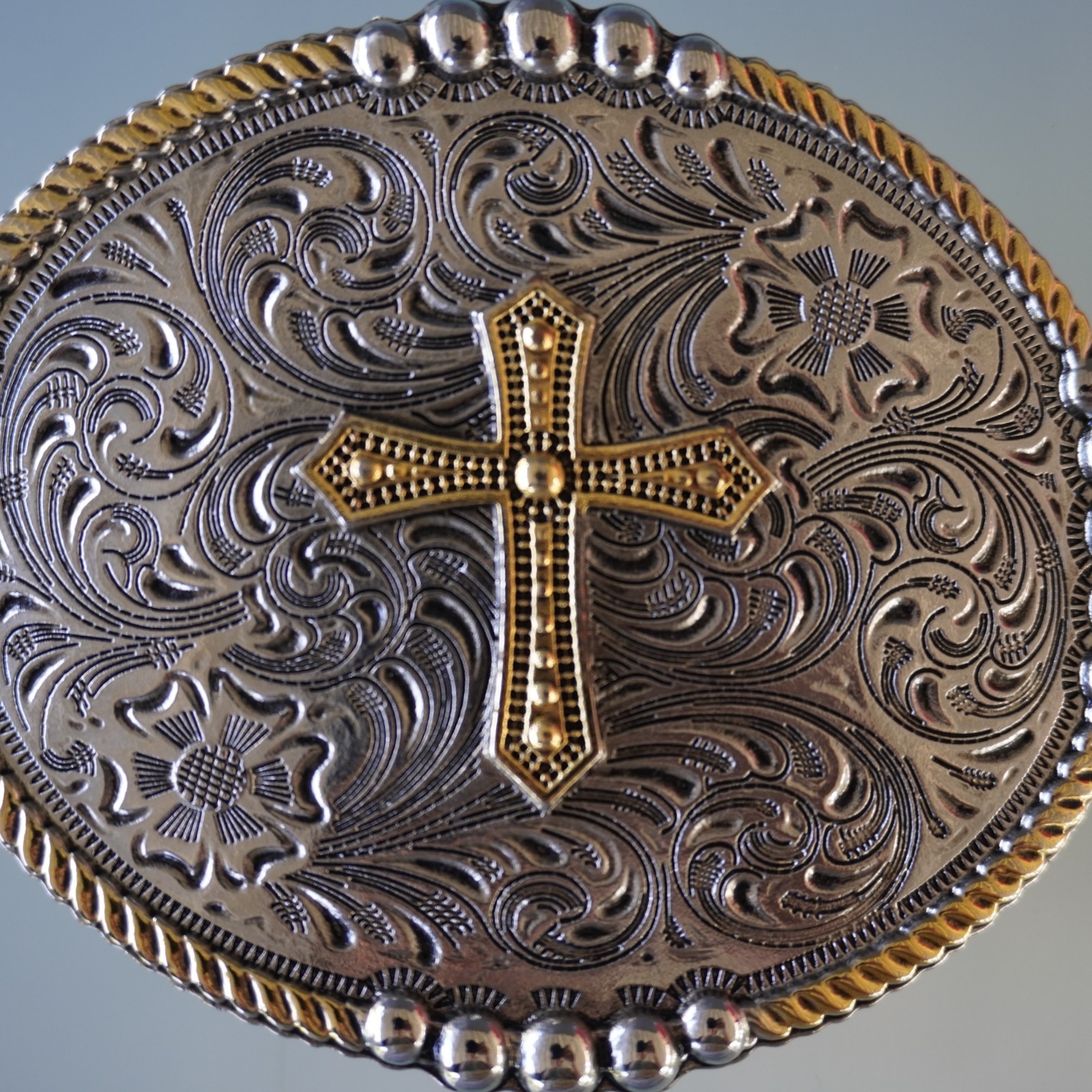 Two Tone Cross Belt Buckle Oval Silver Gold Floral Filigree Western