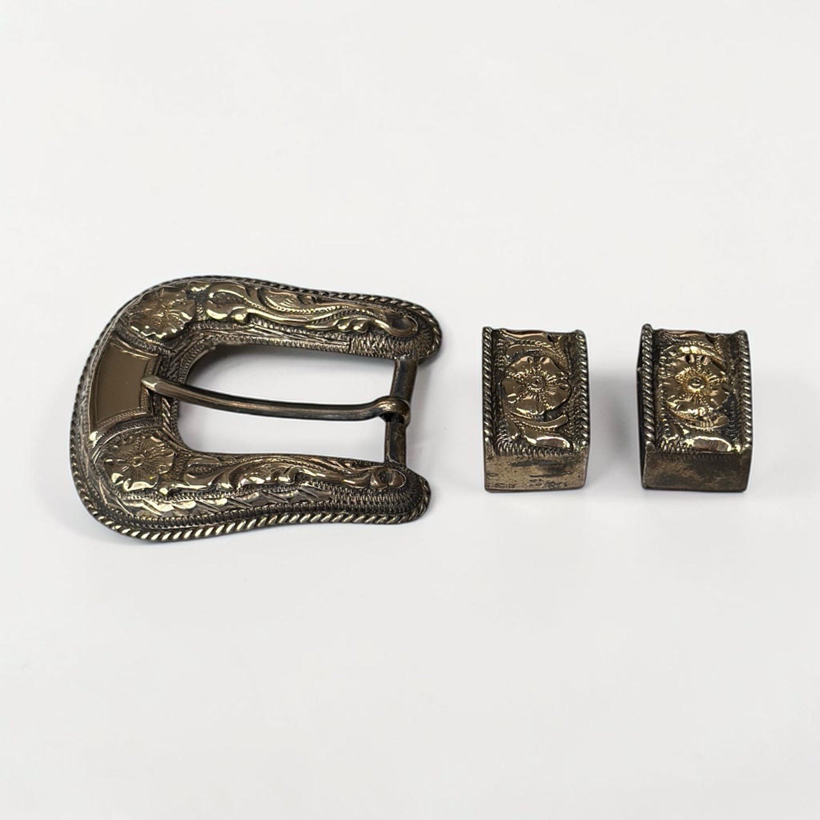 14K Gold Sterling Silver Hollands San Angelo 103 Ranger 3 Pc Belt Buckle Set