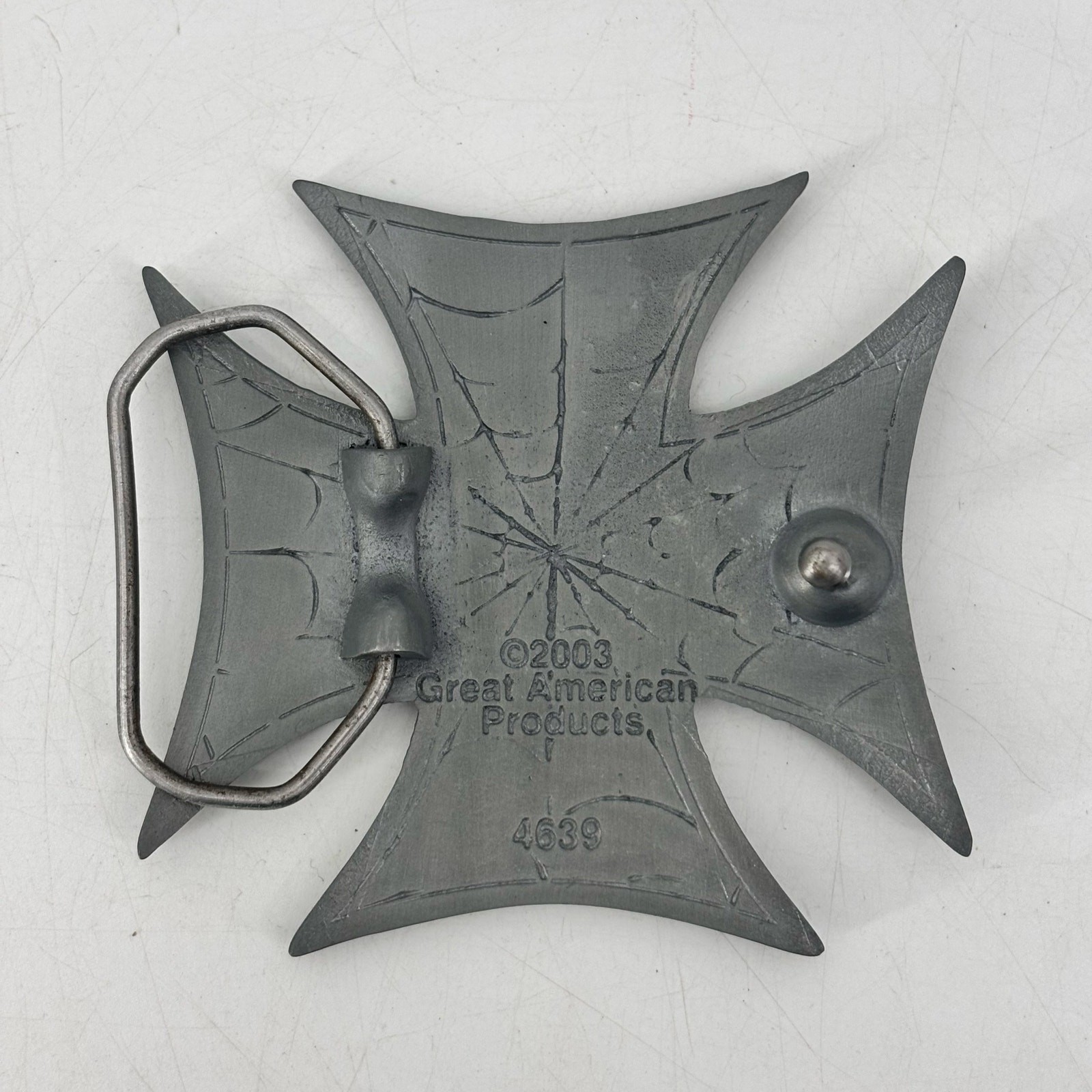 Great American Product Belt Buckle Spider Web Cross Biker Pewter 2003