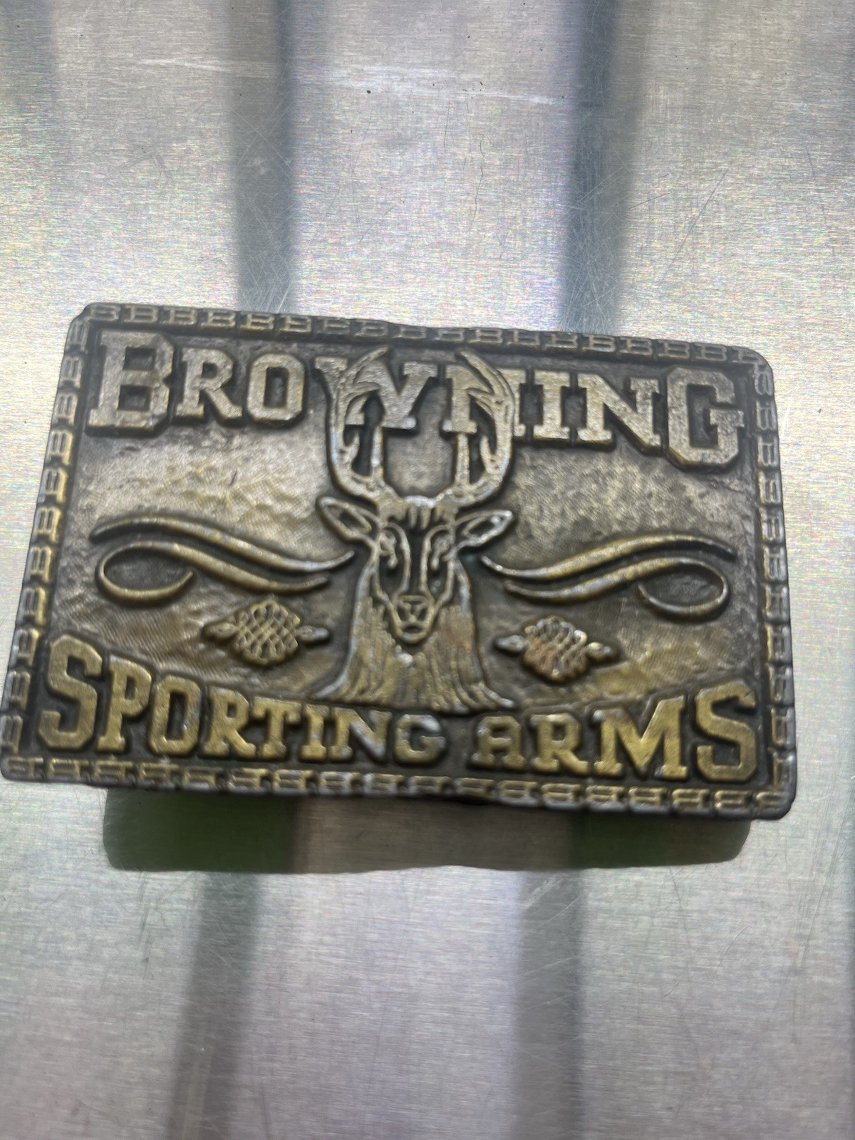 Vintage Browning Deer Stag Logo Brass Metal Men’s Western Belt Buckle USA logo