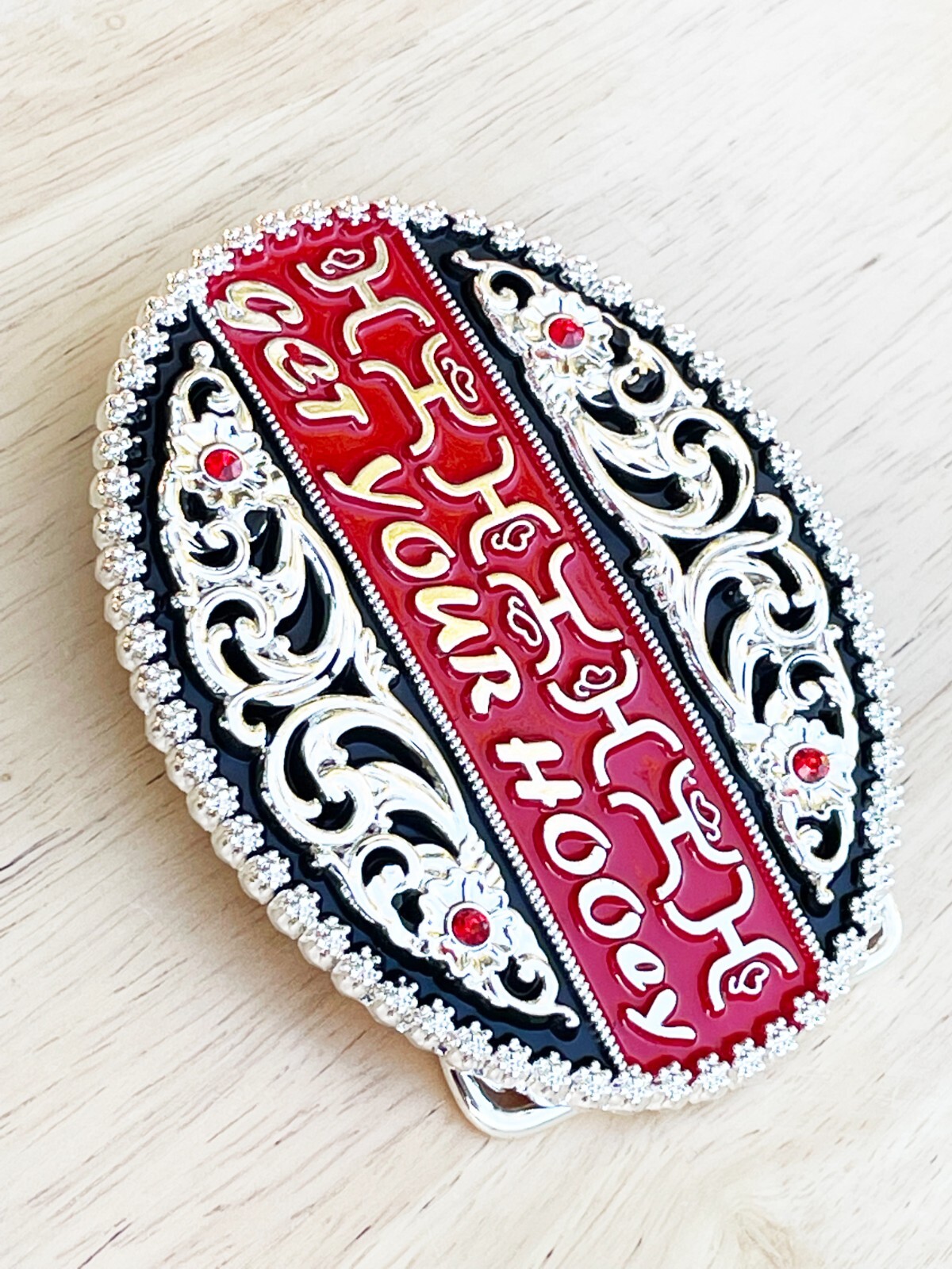 Western Buckle Silver Black Red Cowboy 4×3 for 2 » Hooey Buckle Hebilla Vaquero