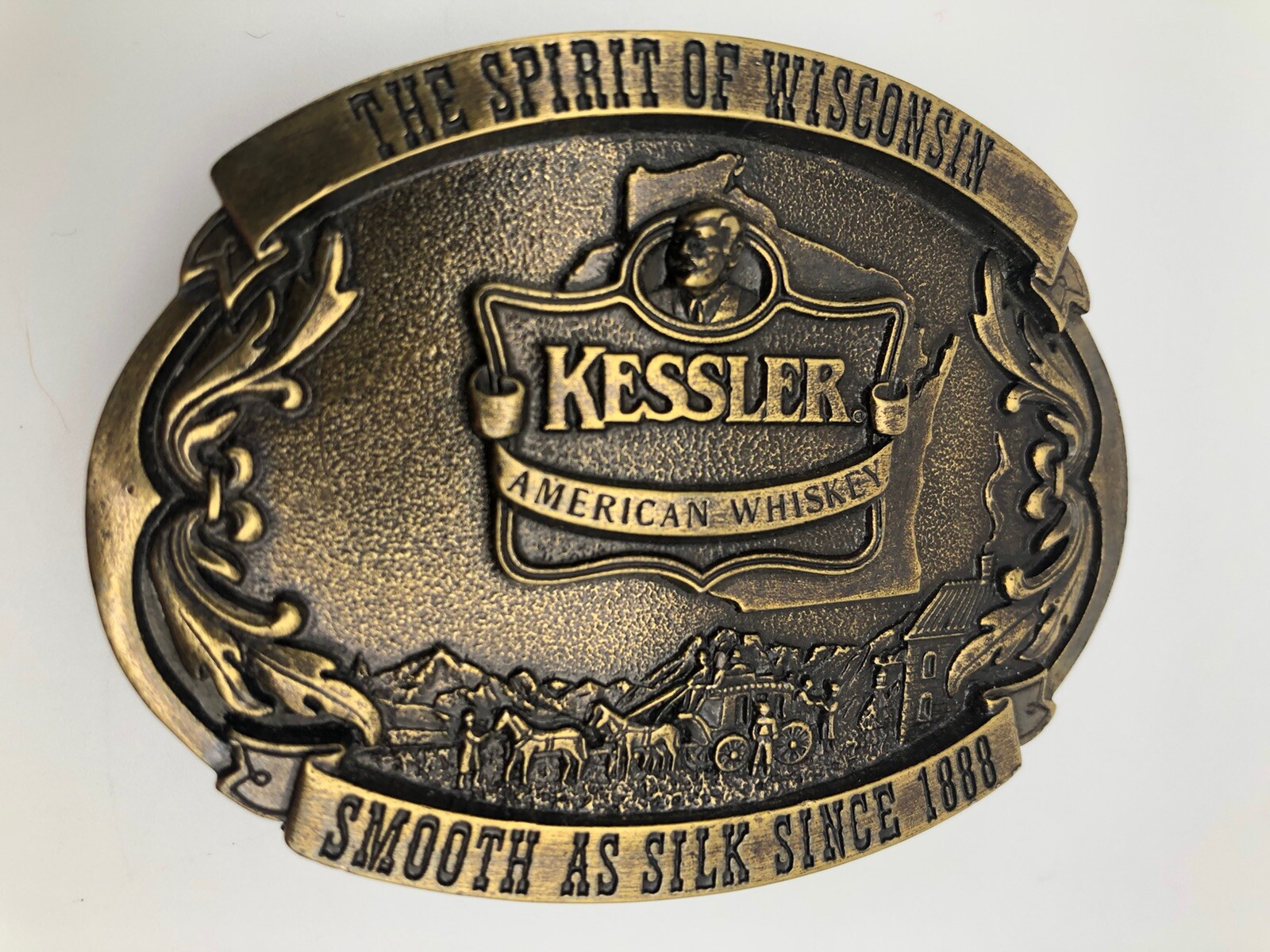 Vintage Belt Buckle Kessler Whiskey Spirit of Wisconsin Solid Brass Western