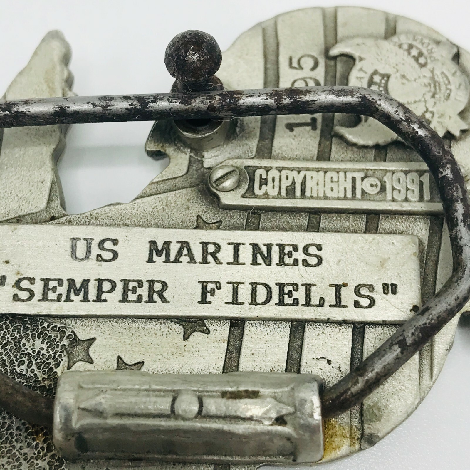 Vintage US Marines CorpBelt Buckle Semper Fidelis Pewter Metal 1995 Globe Anchor
