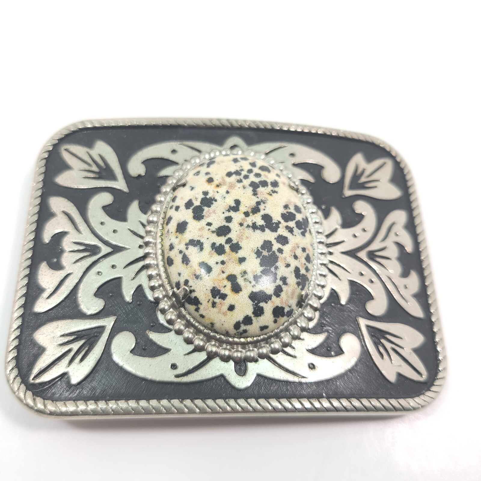 Western Belt Buckle Spotted Stone Center Dalmation Jasper Agate Metal Cowboy Vtg