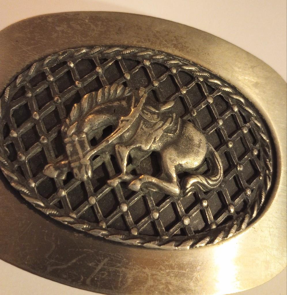 Vintage Western Belt Buckle Bucking Bronco Horse Large Squared Oval Pewter ish