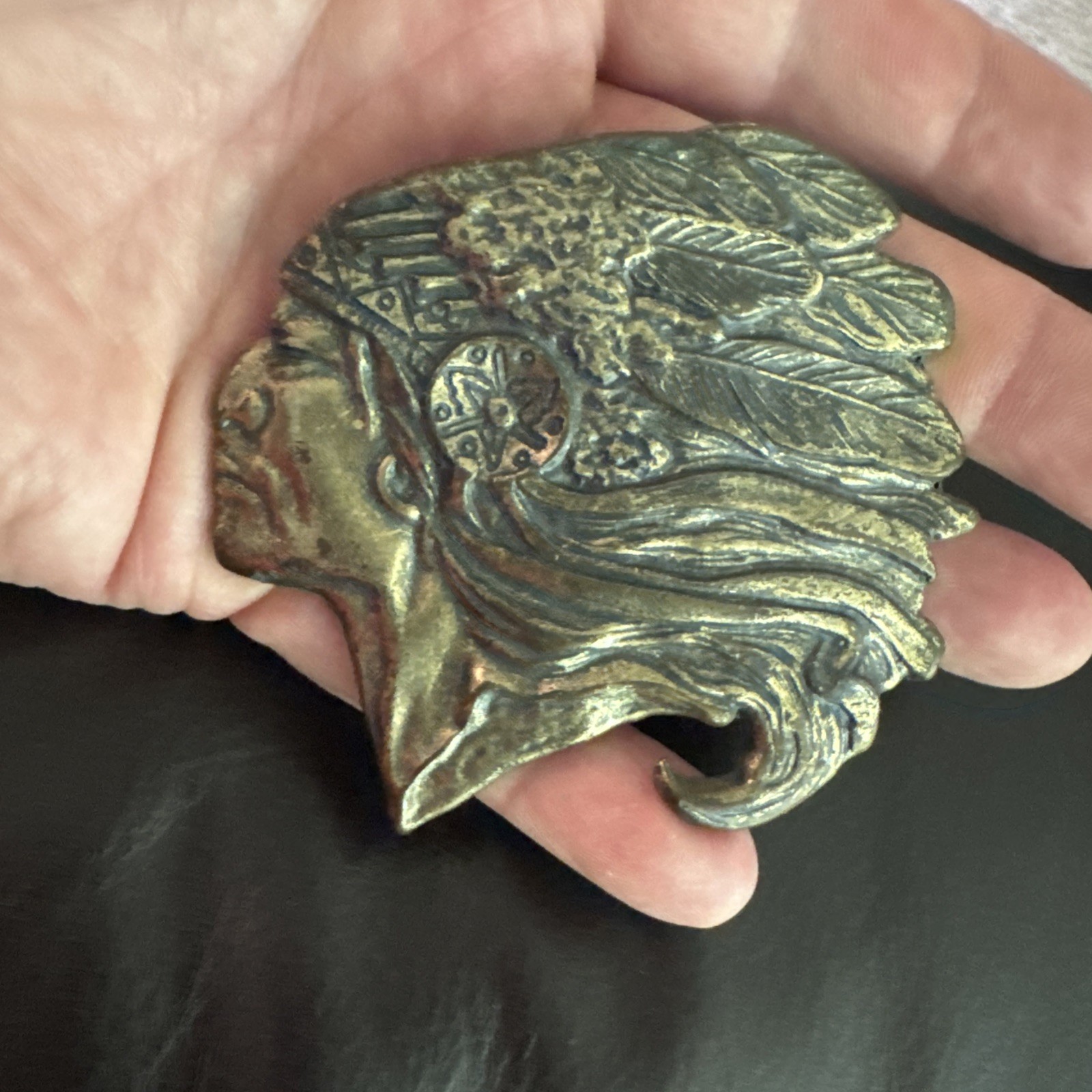 Vintage 1970s Brass Indian Head Motorcycle Belt Buckle 3 1/4&Prime; Wide