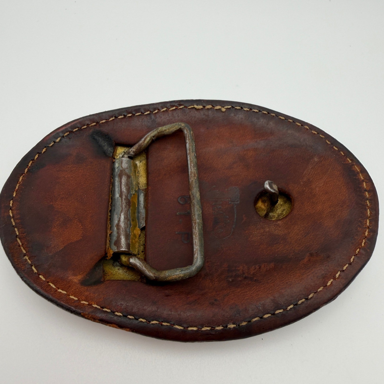 VTG Justin Leather Belt Buckle Hand Tooled Thunderbird Painted Oval 61-P