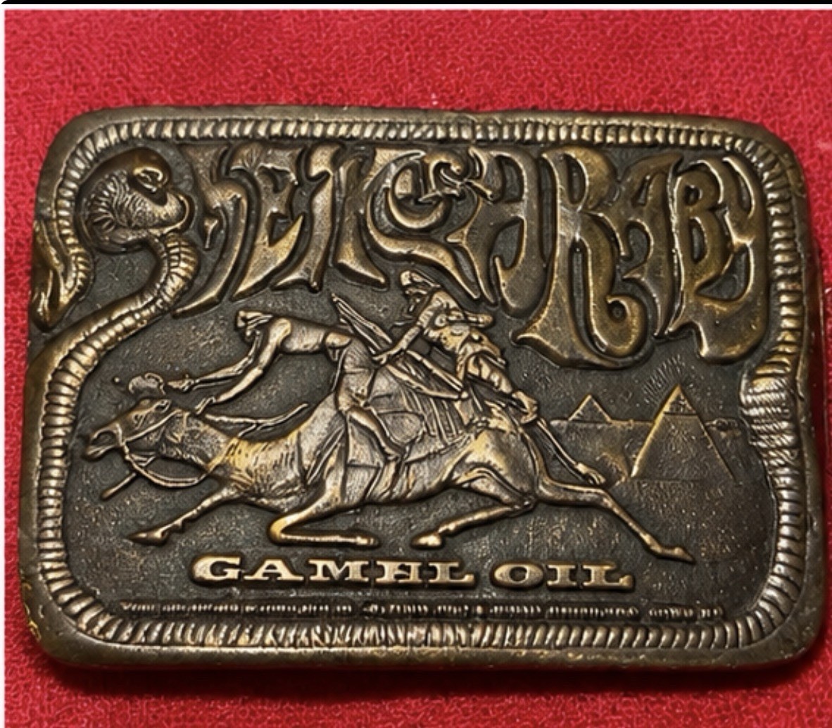 Vintage Sheik of Araby Game Oil Brass Belt Buckle Camel Rider Western 1974