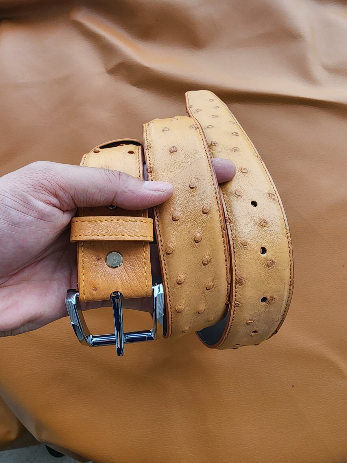 3.8CM Brown 100% Genuine Body Ostrich Leather Skin Mens Belt Buckle- Handmade