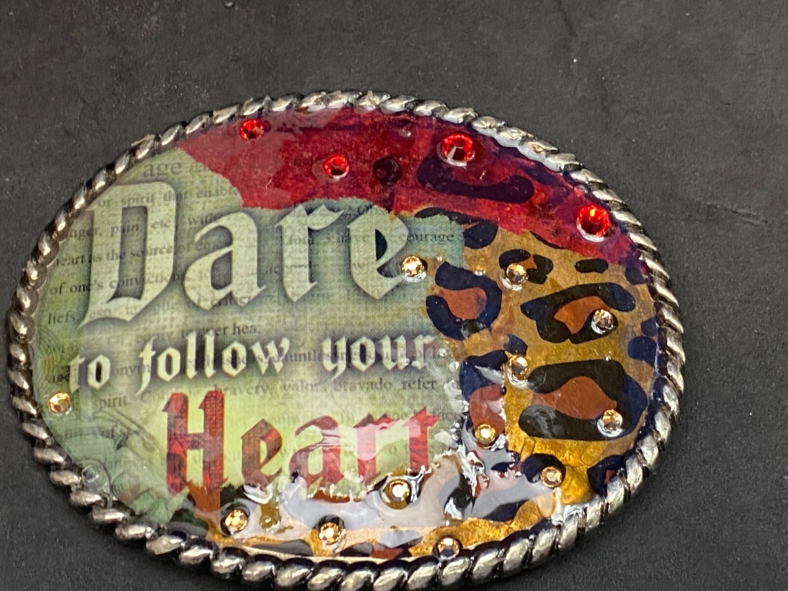 Dare To Follow Your Heart Rhinestone Accented Statement Oval Belt Buckle.