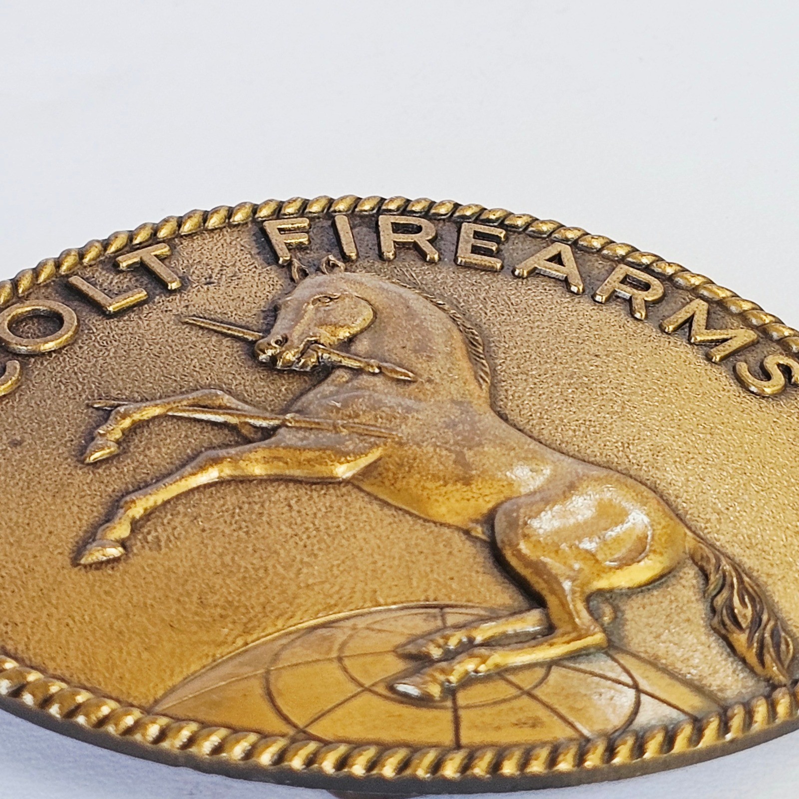 70&rsquo;s Colt Firearms Belt Buckle Signed Brass Tone Rampant Colt Horse Logo Western