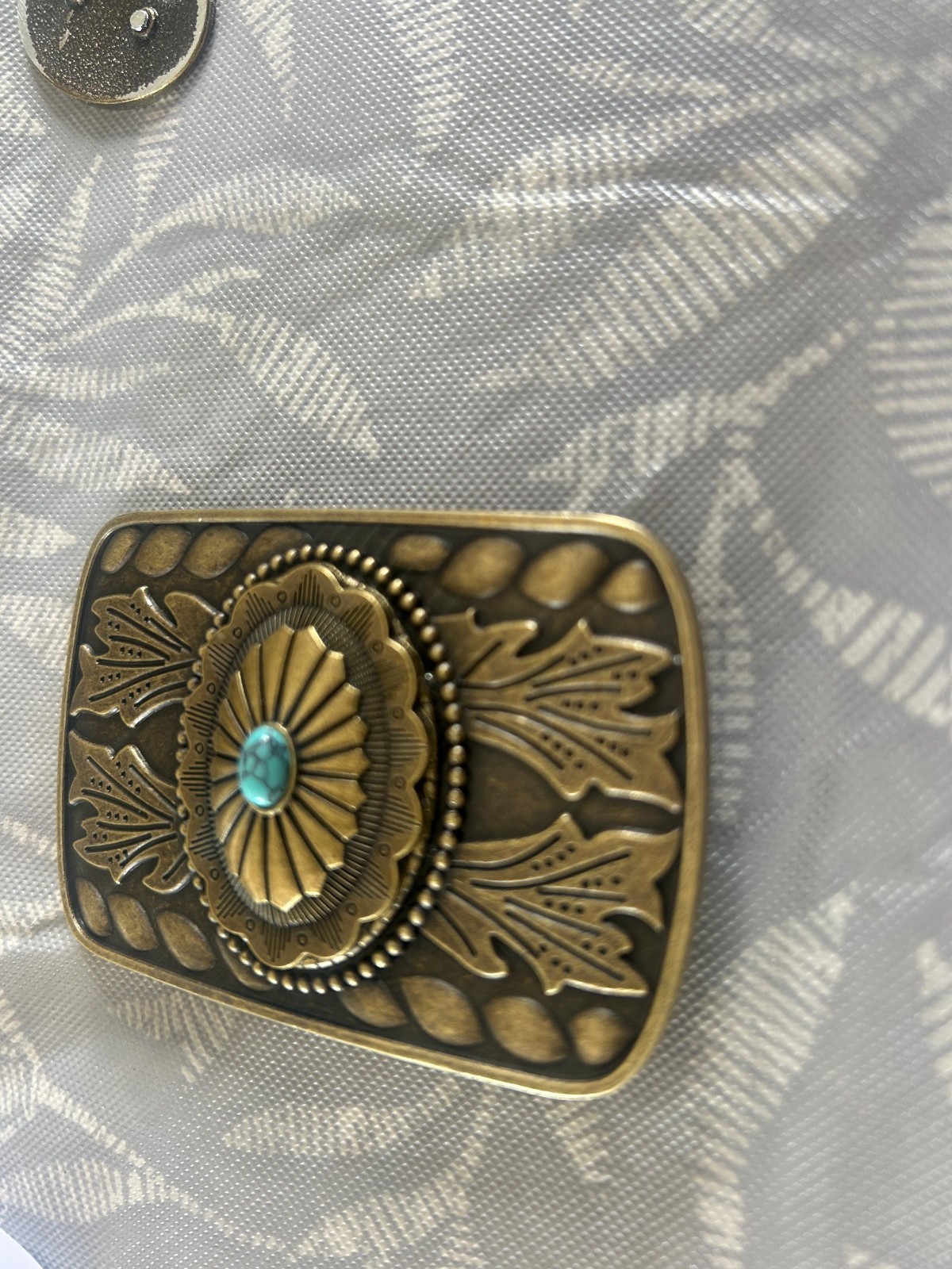 Turquoise Western Belt Buckle Antique Brass Engraved Oval Cabochon Cowboy Style