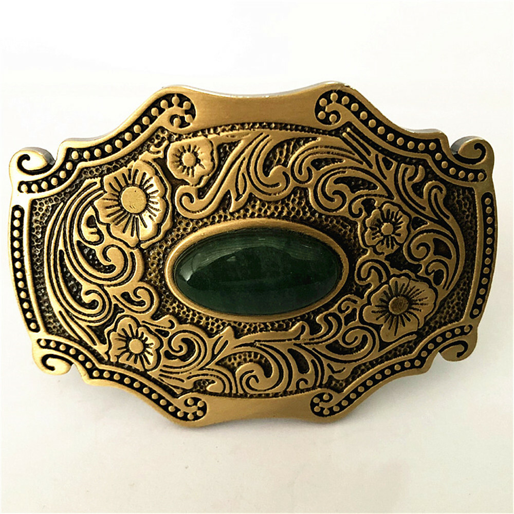 Jade & Grass Solid Brass Mens Belt Buckle Western Cowboy Vintage Antique