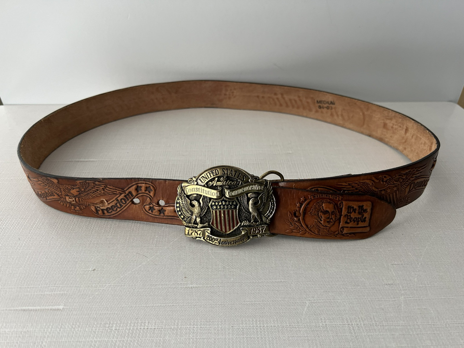 USA commerative 200th anniversary leather belt & buckle, Sz M 34-36, America!