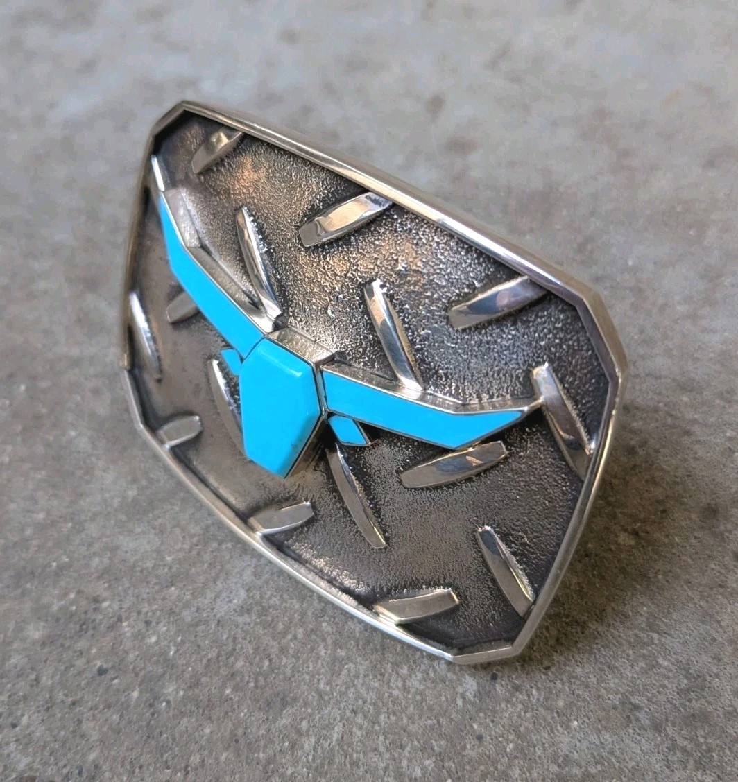 Douglas Magnus Santa Fe Turquoise Longhorn Sterling Diamond Plate Trophy Buckle
