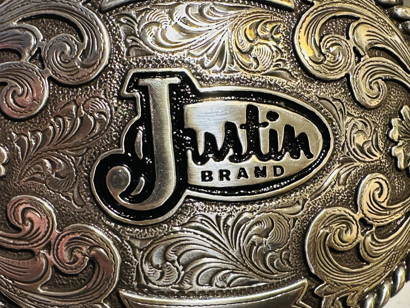 JUSTIN Boots Promo Silver Belt Buckle Western Scroll Work Cowboy Rodeo Oval