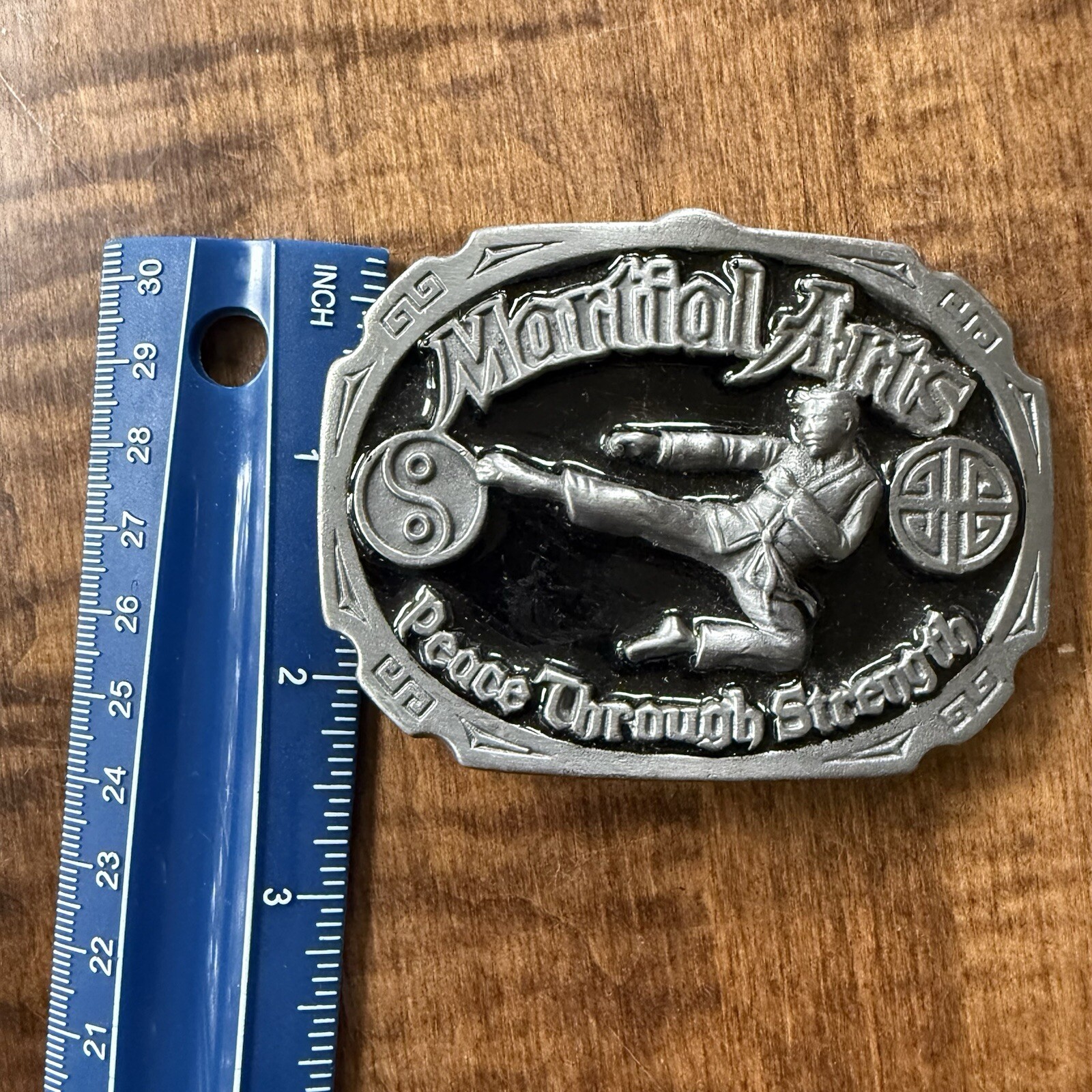 Vintage Martial Arts Belt Buckle Made In USA Peace Through Strength Kung
