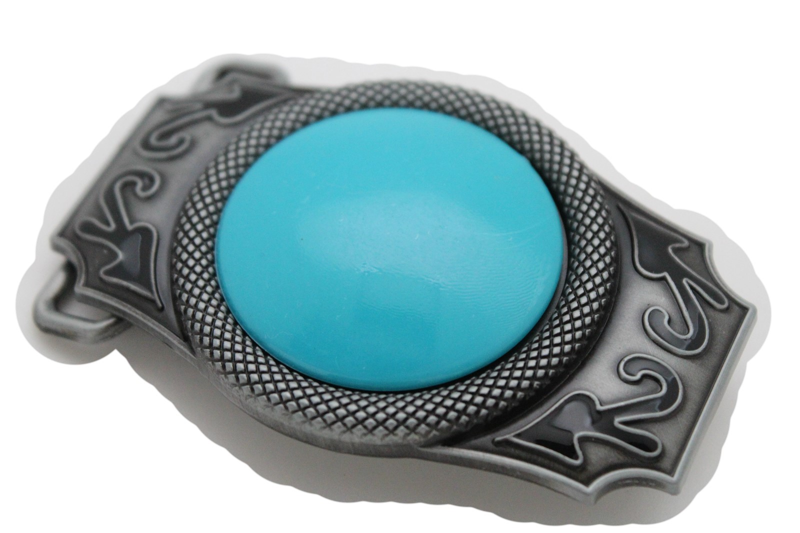 Men Western Fashion Belt Buckle Silver Metal Turquoise Blue Bead Cowboys Casual