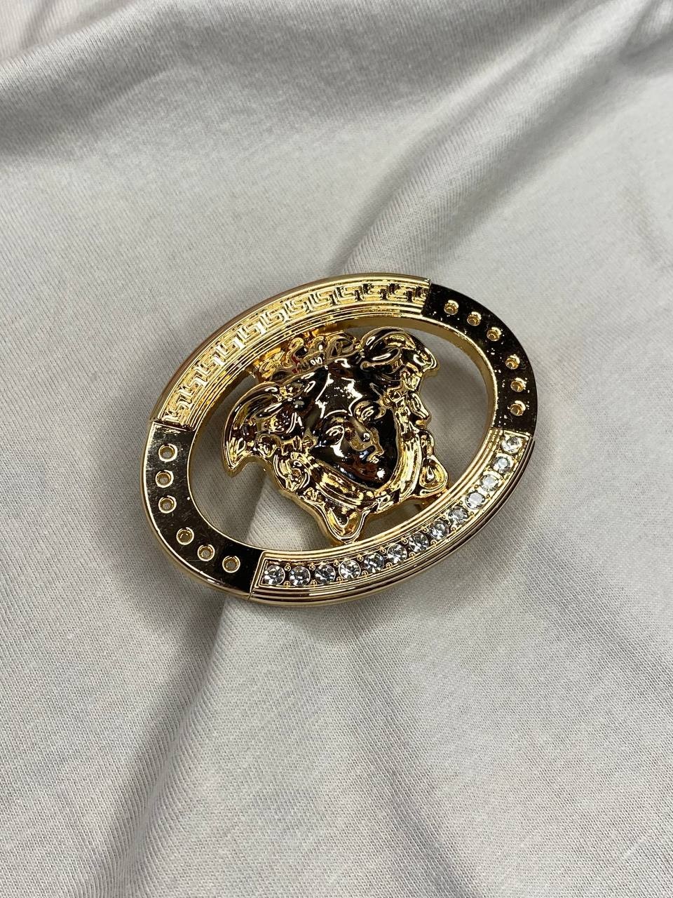 Gold Medusa Head Belt Buckle Greek Key Crystal Oval
