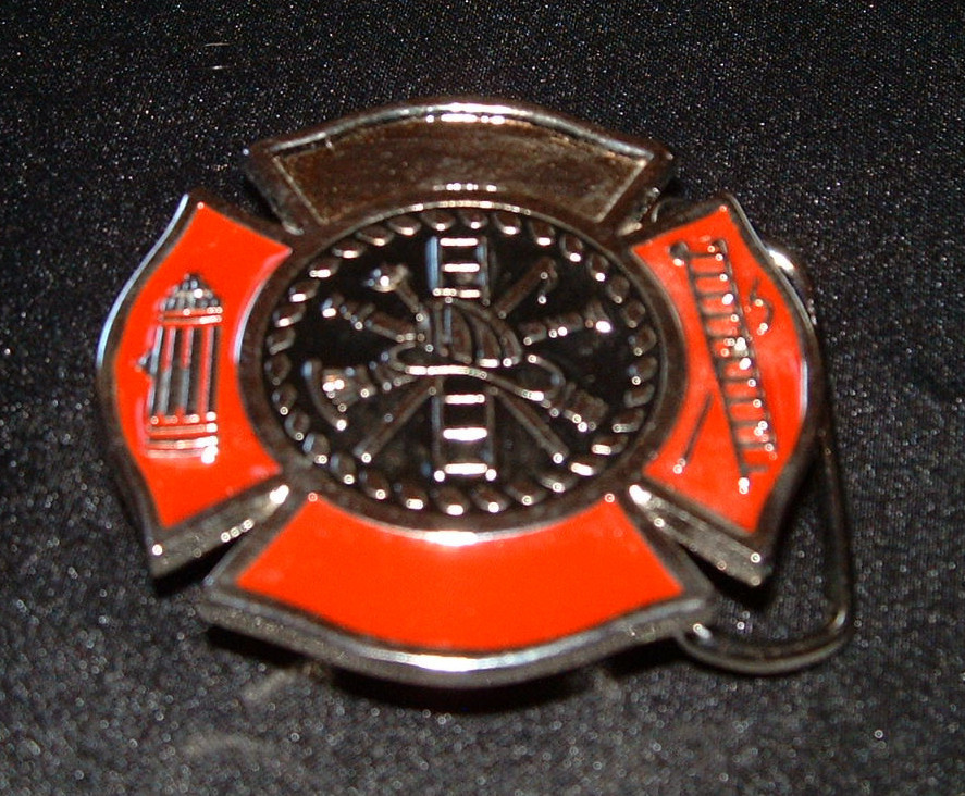 FIREMAN FOUR SIDED SHIELD WITH HYDRANT AND LADDER BELT BUCKLE