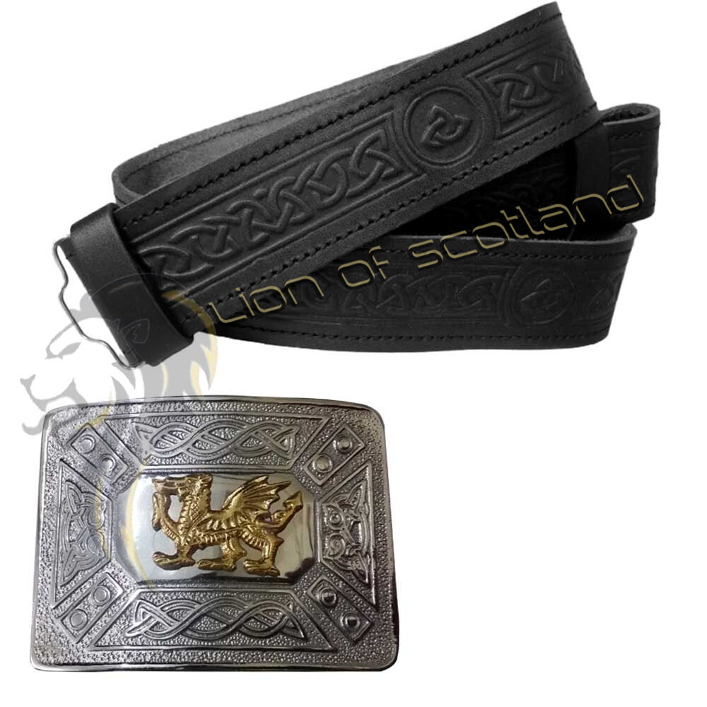Scottish Kilt Belt Buckle Welsh Dragon Chrome Real Leather Celtic Knot Embossed