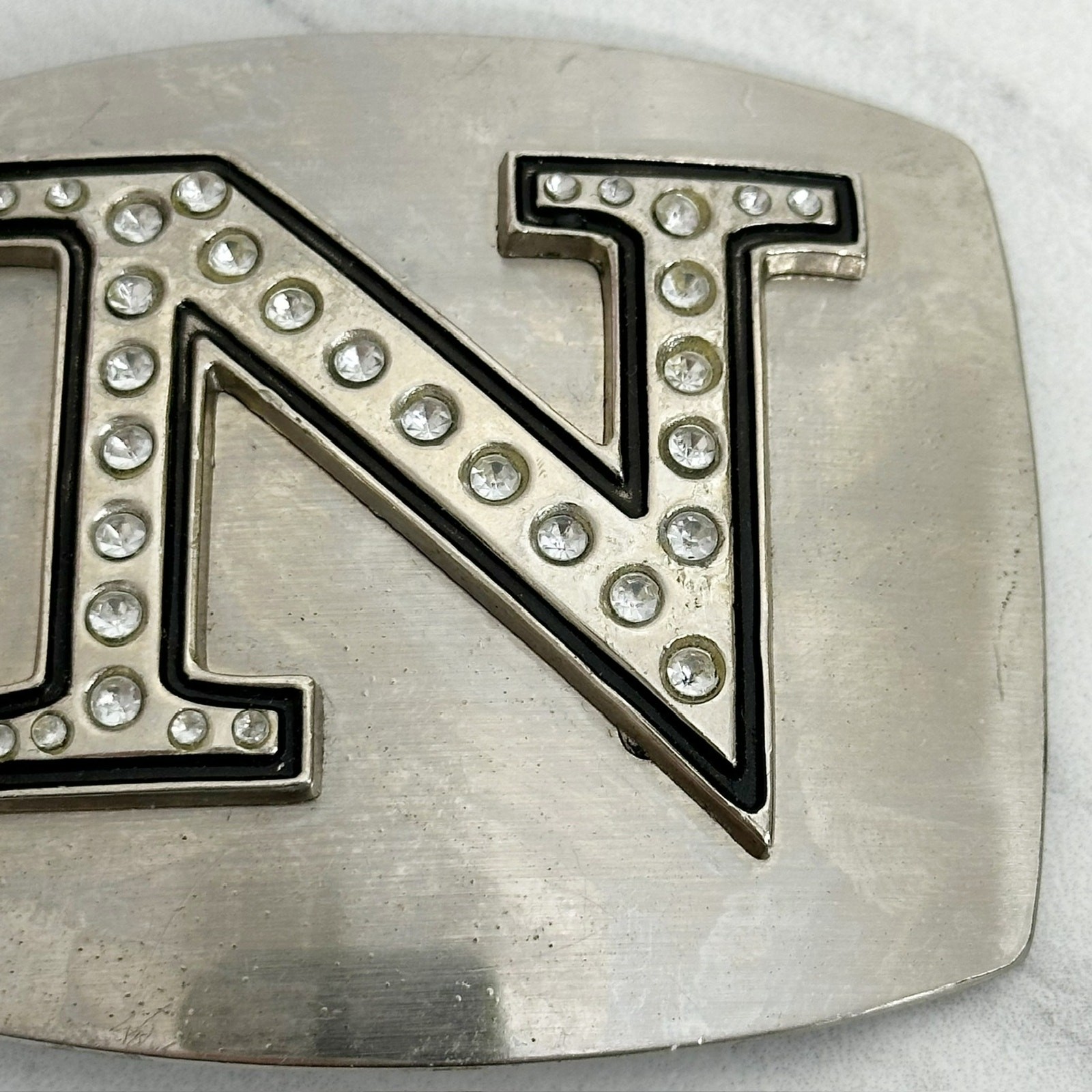Rhinestone Studded N Letter Initial Monogram Silver Tone Belt Buckle