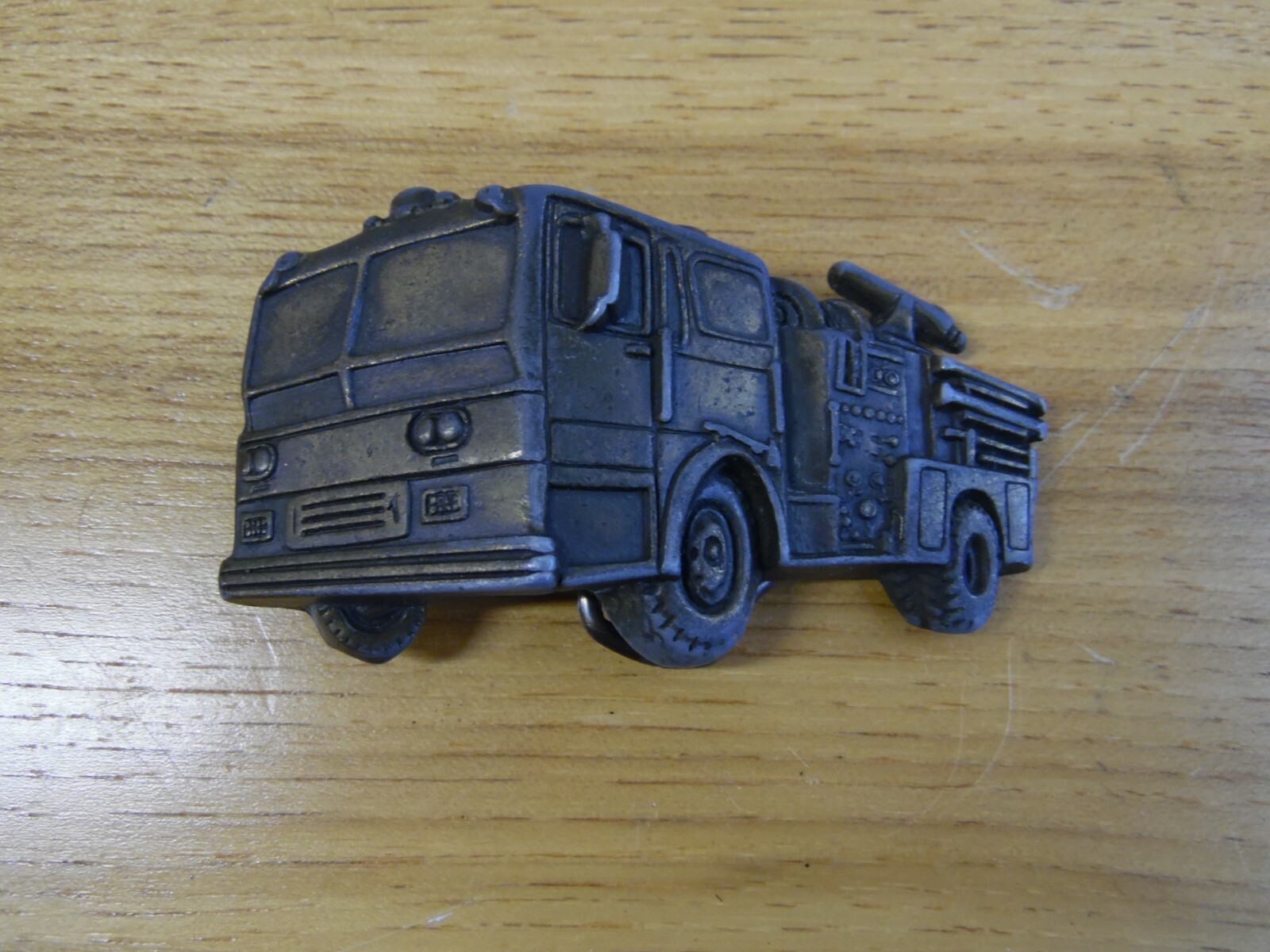 VINTAGE SOLID BRASS fire truck BELT BUCKLE-MADE IN USA M.B.C.I. FOR 1 1/2&Prime; BELT