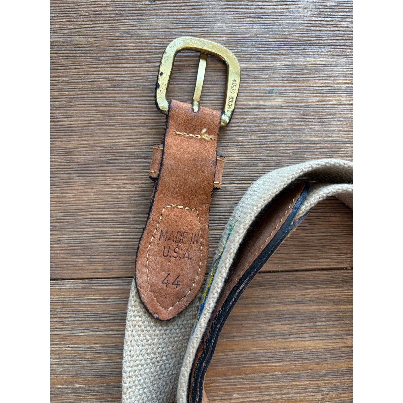 Zep-Pro Canvas Belt 44 Khaki Leather Trim Brass Buckle Fish Embroidered Made USA