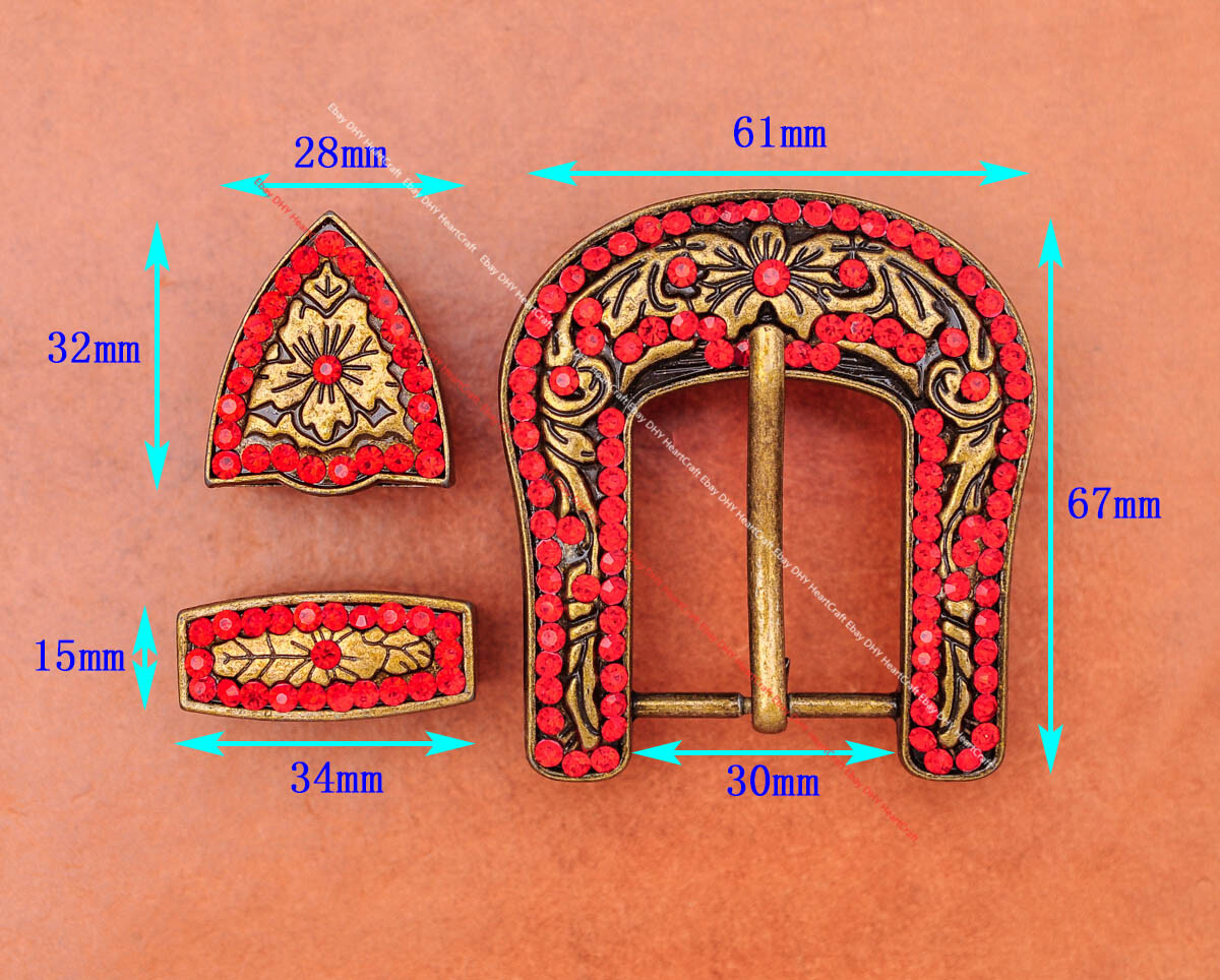 Retro Brass Red Crystal Rhinestone Western Floral Belt Buckle Set Fit 30MM Strap