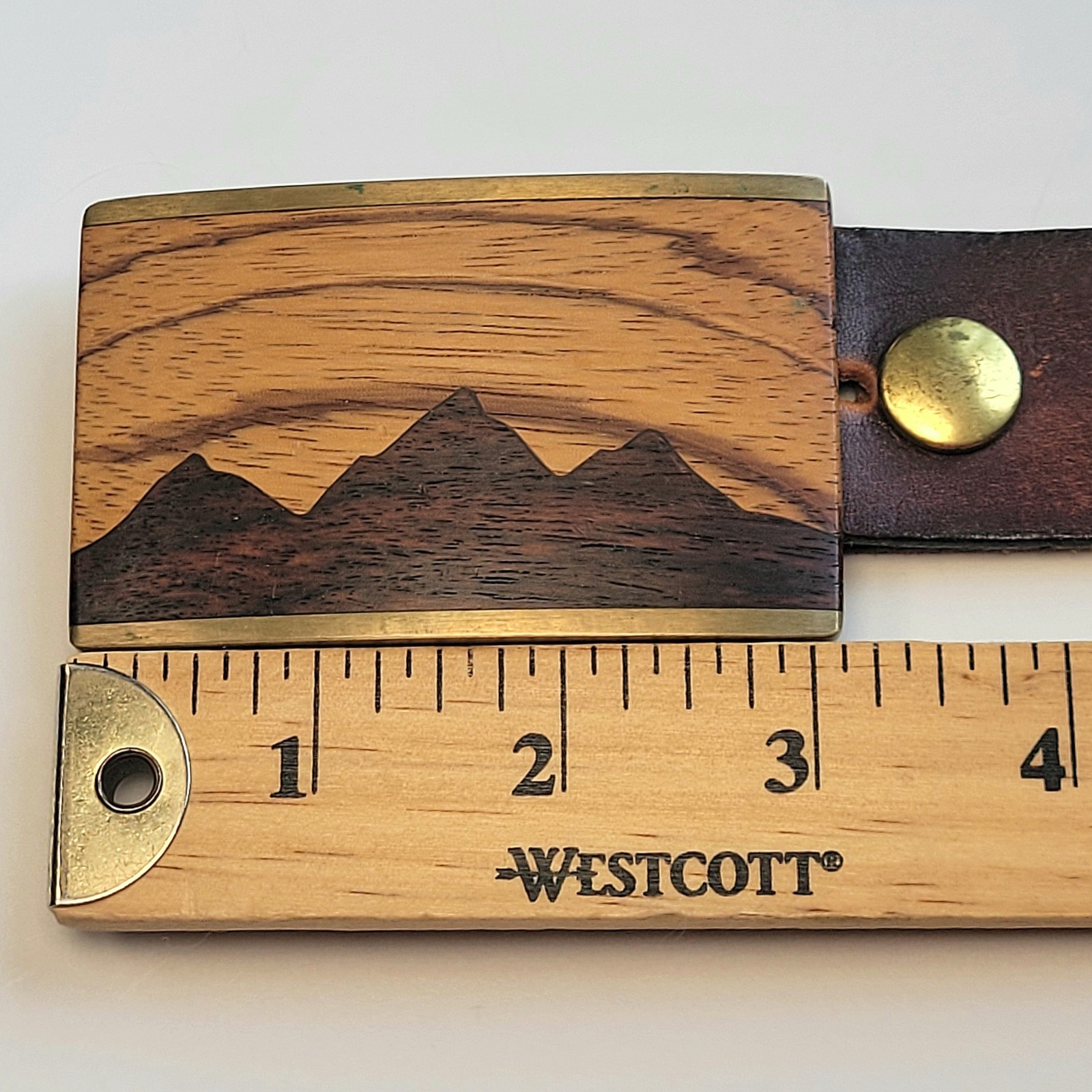 Kenneth Reid Vtg Wood Inlay Belt Buckle Albuquerque NM Mountain Unisex 36