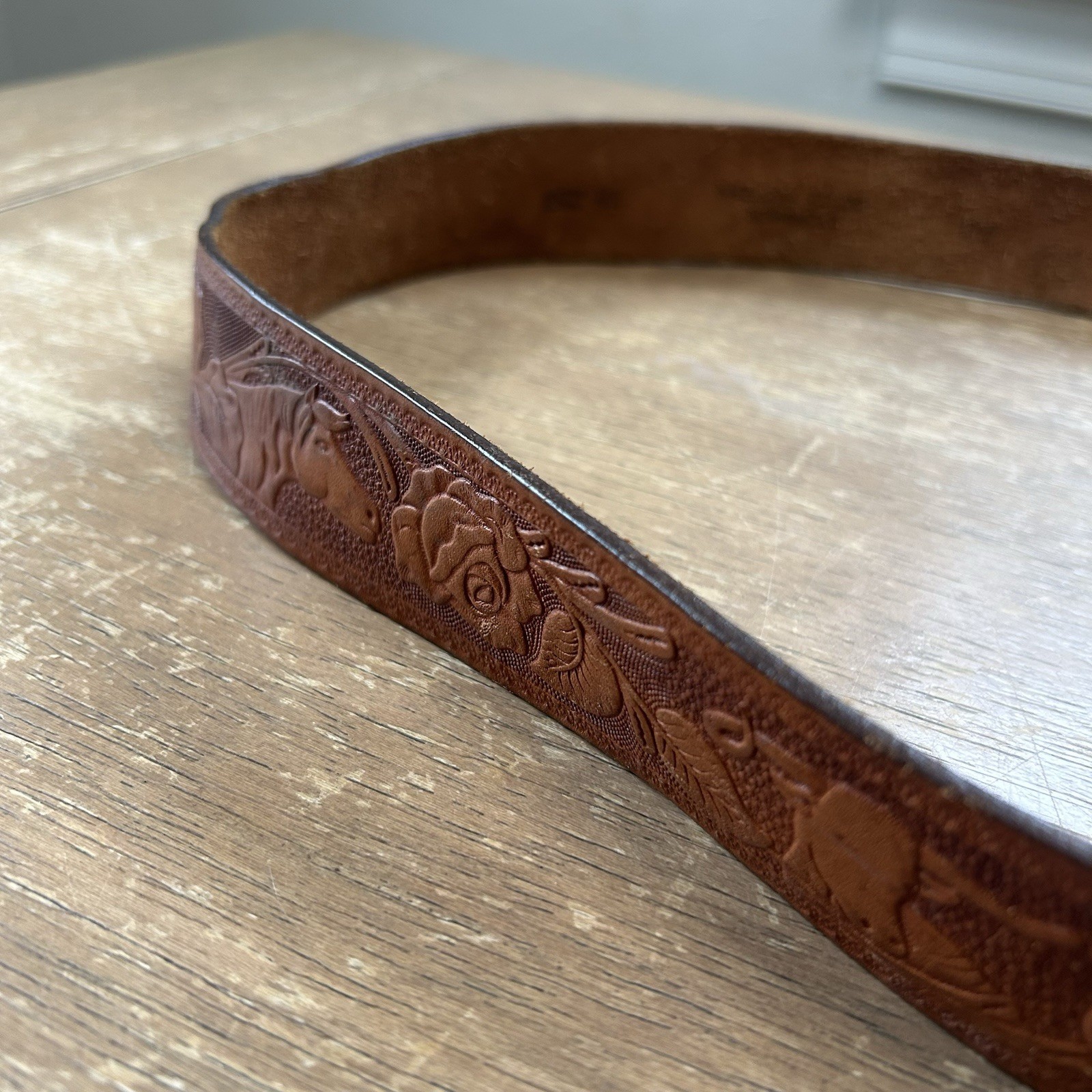 Brass Moose Belt Buckle w/Hand Tooled Brown Leather Western Wear Belt Size 40