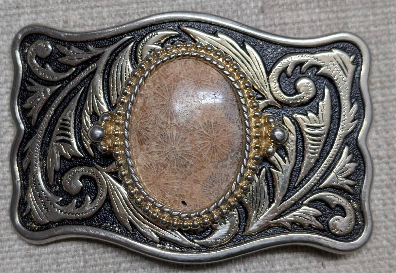 vintage STONE belt buckle FOSSIL cobochon HAND POLISHED coral WESTERN cowboy