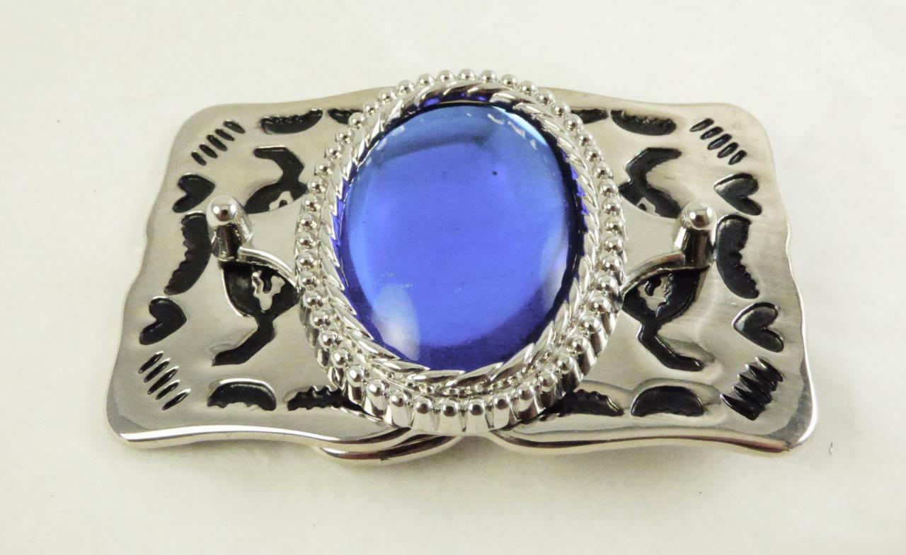 Blue Cobalt Glass 30×40 MM Rhodium Plated Belt Buckle Made In The USA