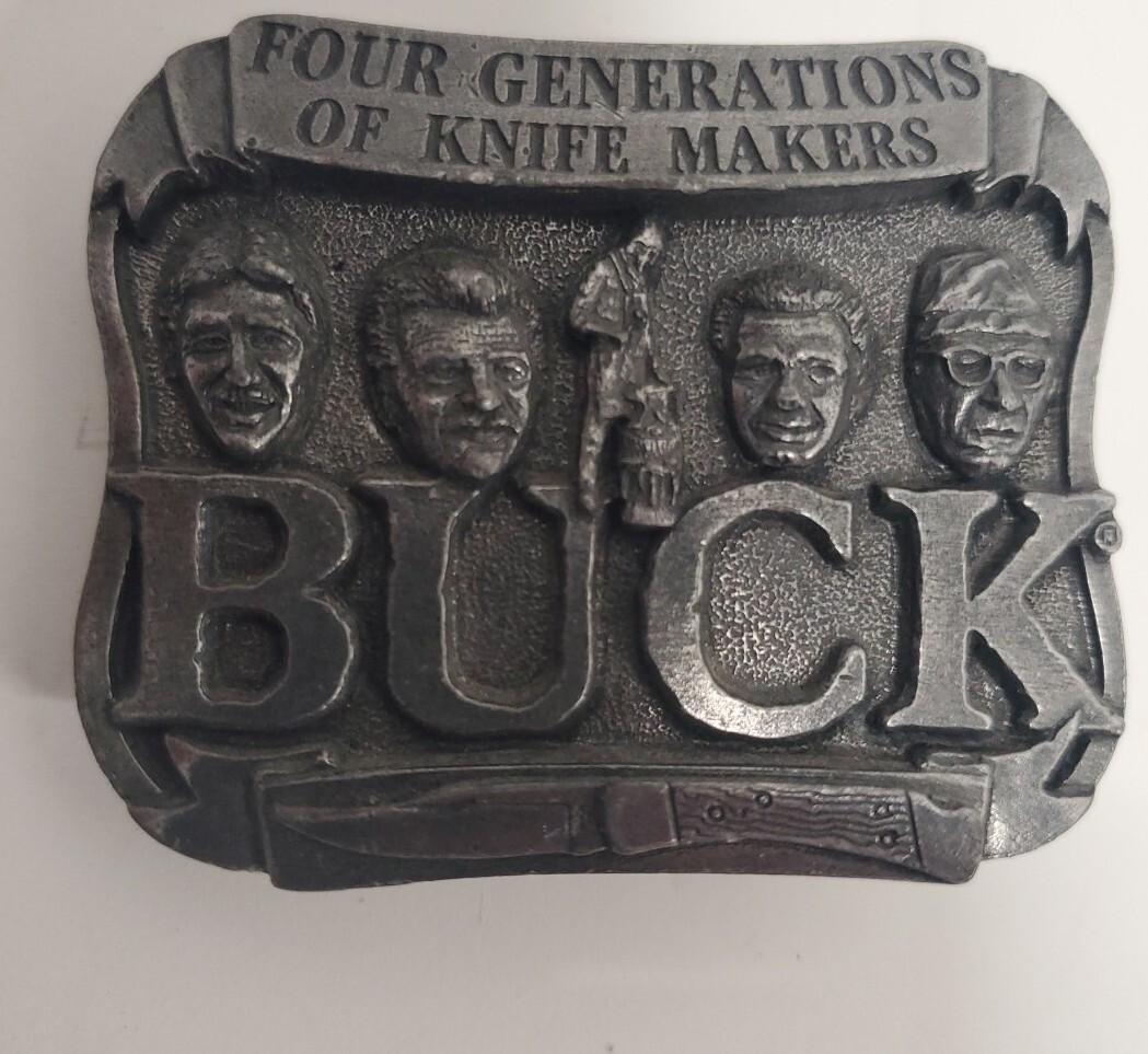 Vintage Pewter Embossed BUCK KNIVES Four Generations Knife Makers Belt Buckle