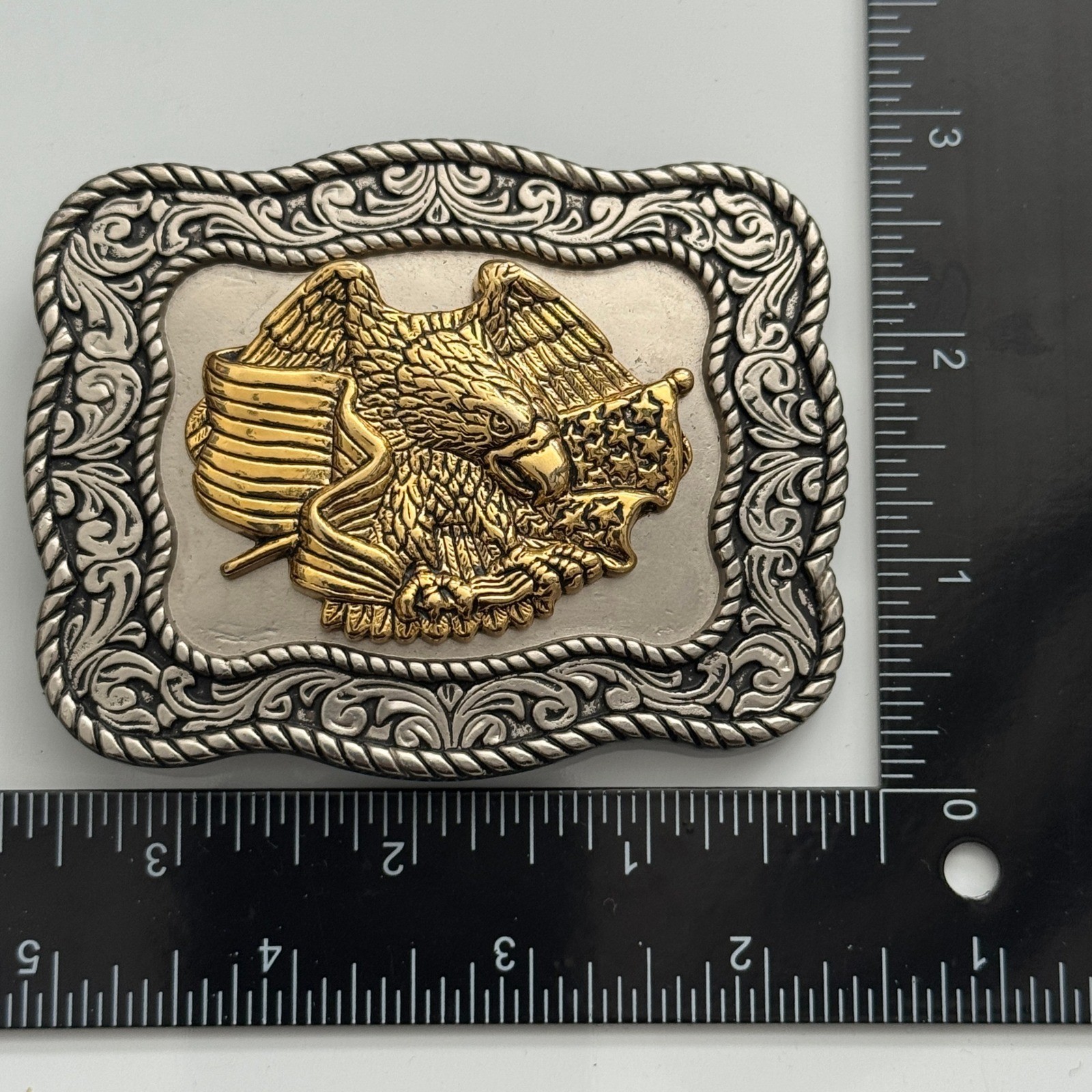 Western Eagle American Flag Belt Buckle Silver Gold Tone Metal Made in Mexico